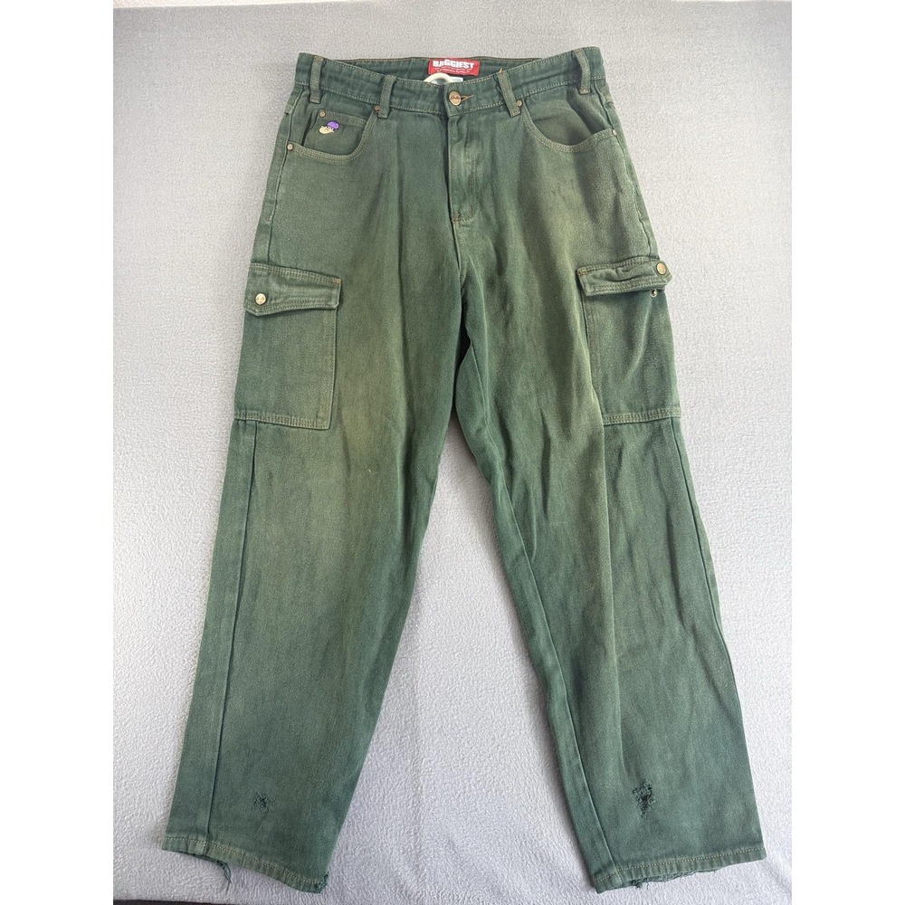 Butter Baggiest Jeans Mens 30x29 Green Baggy Cargo Distressed Embroidered Denim